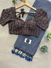 Dark Grey Handloom Khadi Cotton Saree With Ajrakh Print Stitched Blouse
